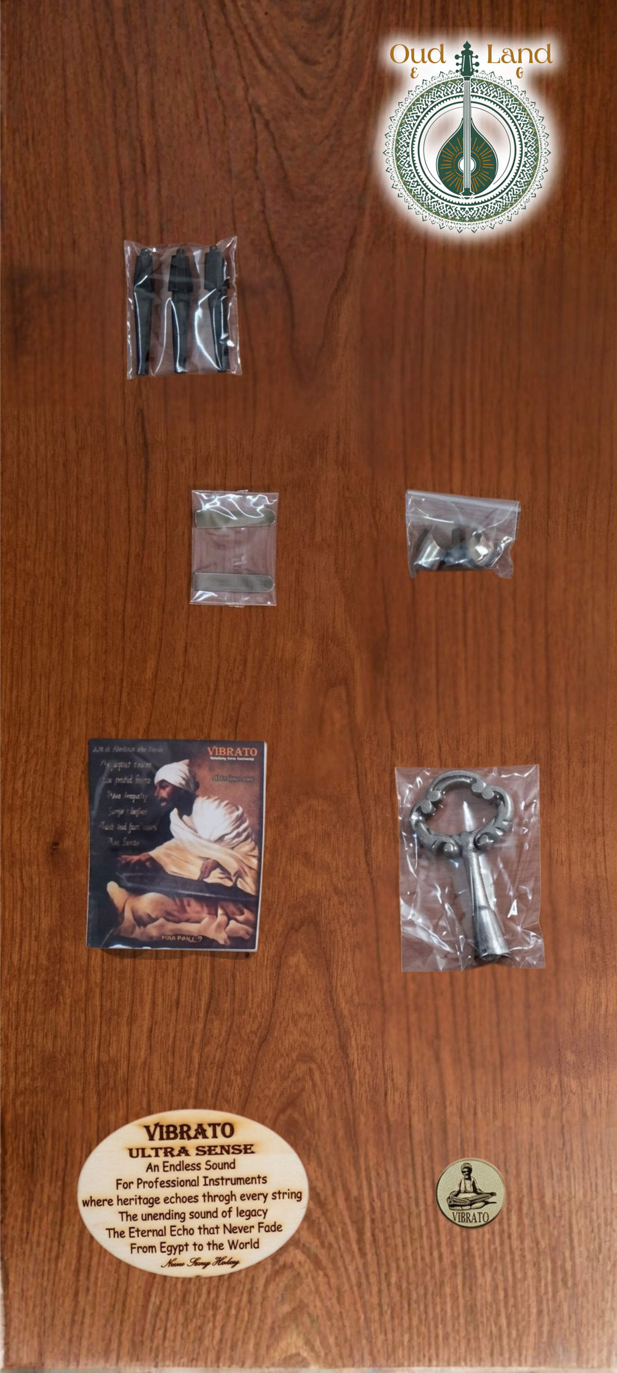 Complete professional Qanun accessory set including tuning key, plectrums, rings, and dual pickup system by Oud Land