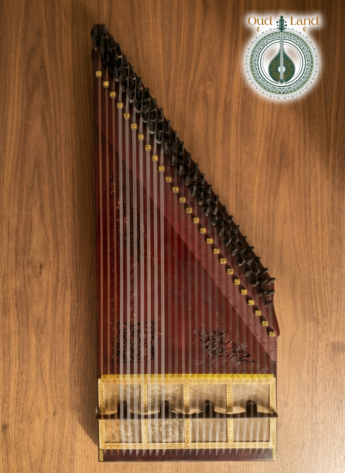 Handcrafted professional oriental Qanun instrument in deep burgundy mahogany finish by Oud Land